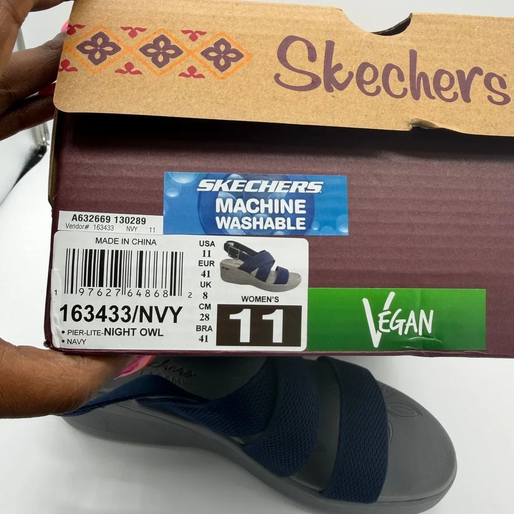 Skechers Pier-Lite Night Owl Navy Wedge Sandals 11 163433/NVY Vegan New
